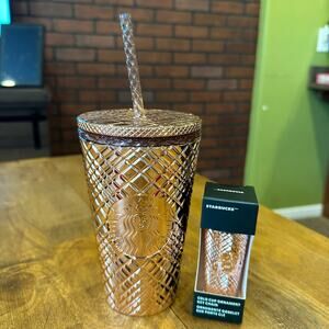 New Starbucks 2023 Holiday Jeweled 16oz Tumbler Cold Cup Rose Gold & Ornament